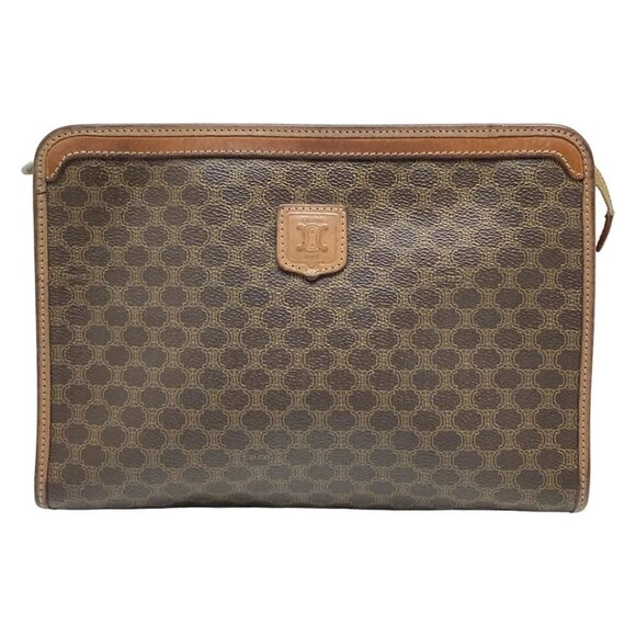 Auth CELINE Macadam Dark Brown Brown PVC Leather Mens Clutch Bag - Picture 1 of 7